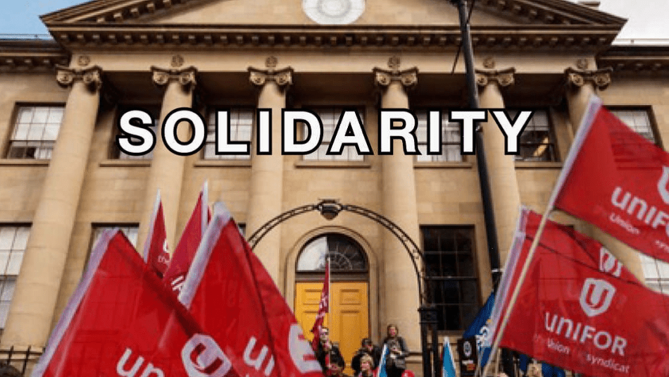 Unifor flags waving with the word Solidarity over the image